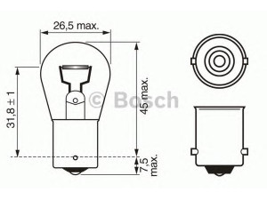 BOSCH 1 987 302 280 lemputė, indikatorius; lemputė, galinis žibintas; lemputė, stabdžių žibintas; lemputė, galinis rūko žibintas; lemputė, atbulinės eigos žibintas; lemputė, galinis žibintas 
 Elektros įranga -> Šviesos -> Galinis rūko žibintas/dalys -> Lemputė, galinis rūko žibintas