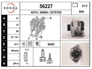 EAI 56227 kintamosios srovės generatorius 
 Elektros įranga -> Kint. sr. generatorius/dalys -> Kintamosios srovės generatorius
A2T34591B, 5705E5, 95667745