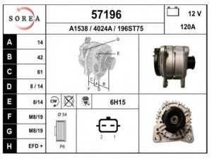 EAI 57196 kintamosios srovės generatorius 
 Elektros įranga -> Kint. sr. generatorius/dalys -> Kintamosios srovės generatorius
8200323137, 8200660025