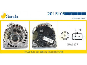 SANDO 2015108.1 kintamosios srovės generatorius 
 Elektros įranga -> Kint. sr. generatorius/dalys -> Kintamosios srovės generatorius
23100AW300, 7711135333, 8200086162