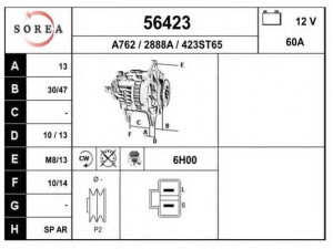 EAI 56423 kintamosios srovės generatorius 
 Elektros įranga -> Kint. sr. generatorius/dalys -> Kintamosios srovės generatorius
2310043G05, 2310043G07, LR160426