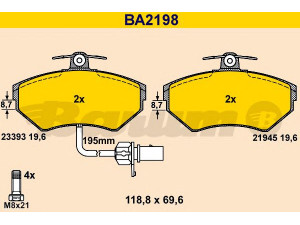 BARUM BA2198 stabdžių trinkelių rinkinys, diskinis stabdys 
 Techninės priežiūros dalys -> Papildomas remontas
8E0 698 151 B, 8E0 698 151 M