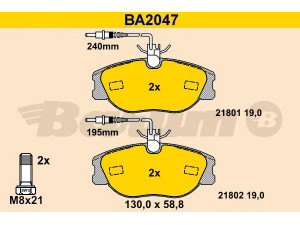 BARUM BA2047 stabdžių trinkelių rinkinys, diskinis stabdys 
 Techninės priežiūros dalys -> Papildomas remontas
4251 10, 4254 53, 77362237, 9946016