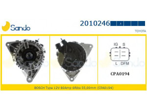 SANDO 2010246.1 kintamosios srovės generatorius 
 Elektros įranga -> Kint. sr. generatorius/dalys -> Kintamosios srovės generatorius
2706000140A, 270600D020, 270600D030