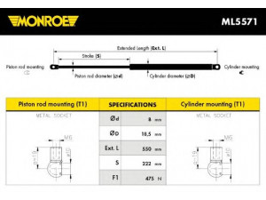 MONROE ML5571 dujinė spyruoklė, bagažinė 
 Priedai -> Bagažinė/pakrovimo skyrius
3436644, 3470348, 3470350