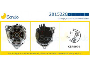SANDO 2015226.0 kintamosios srovės generatorius 
 Elektros įranga -> Kint. sr. generatorius/dalys -> Kintamosios srovės generatorius
570553, 9631318180, A002TA1991