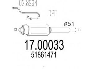 MTS 17.00033 suodžių / kietųjų dalelių filtras, išmetimo sistema 
 Išmetimo sistema -> Suodžių/dalelių filtras
51861471
