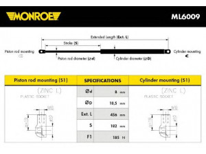 MONROE ML6009 dujinė spyruoklė, gaubtas 
 Kėbulas -> Dujinės spyruoklės
53440-0W100, 53440-0W101, 53450-0W080