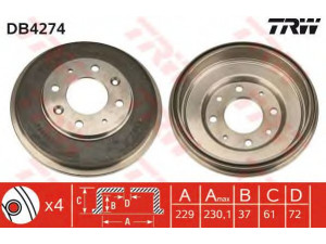 TRW DB4274 stabdžių būgnas 
 Stabdžių sistema -> Būgninis stabdys -> Stabdžių būgnas
0K9A26251A, 0K9A26251B, 0K9A626251