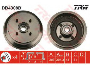 TRW DB4308B stabdžių būgnas 
 Stabdžių sistema -> Būgninis stabdys -> Stabdžių būgnas
1151001, 1213352, 1315740, 1416191