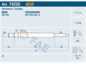 FAE 74220 kaitinimo žvakė 
 Kibirkšties / kaitinamasis uždegimas -> Kaitinimo kaištis
062 905 061 A