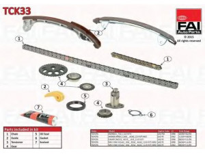 FAI AutoParts TCK33 pavaros grandinės komplektas 
 Variklis -> Variklio uždegimo laiko reguliavimo kontrolė -> Sinchronizavimo grandinė/įtempiklis/kreiptuvas -> Pavaros grandinės komplektas
13506-28010