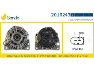 SANDO 2010243.0 kintamosios srovės generatorius 
 Elektros įranga -> Kint. sr. generatorius/dalys -> Kintamosios srovės generatorius
1100711, 1253623, 3M2110300AA, 98VW10300CA