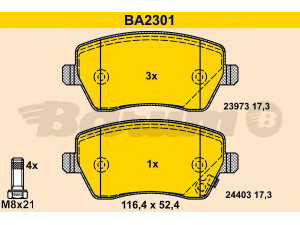 BARUM BA2301 stabdžių trinkelių rinkinys, diskinis stabdys 
 Techninės priežiūros dalys -> Papildomas remontas
47 08 239, 47 11 040, 93192962