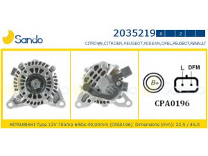 SANDO 2035219.0 kintamosios srovės generatorius 
 Elektros įranga -> Kint. sr. generatorius/dalys -> Kintamosios srovės generatorius
9644904680, A005TA6292, A005TA6292C