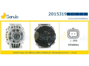 SANDO 2015319.1 kintamosios srovės generatorius 
 Elektros įranga -> Kint. sr. generatorius/dalys -> Kintamosios srovės generatorius
7700101274, 7700421477, 7700429217