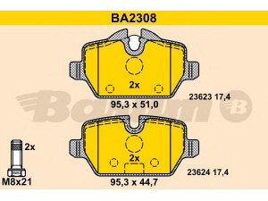 BARUM BA2308 stabdžių trinkelių rinkinys, diskinis stabdys 
 Techninės priežiūros dalys -> Papildomas remontas
34 21 6 767 145, 34 21 6 767 146