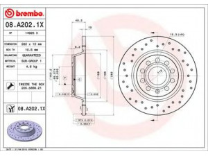 BREMBO 08.A202.1X stabdžių diskas 
 Dviratė transporto priemonės -> Stabdžių sistema -> Stabdžių diskai / priedai
1K0615601AD, 1K0615601M, 1K0615601AD