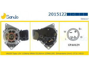 SANDO 2015122.1 kintamosios srovės generatorius 
 Elektros įranga -> Kint. sr. generatorius/dalys -> Kintamosios srovės generatorius
7700803325, 7700827344, 7701499544