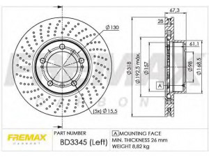 FREMAX BD-3345 stabdžių diskas 
 Dviratė transporto priemonės -> Stabdžių sistema -> Stabdžių diskai / priedai
996 351 405 00, 996 351 405 01