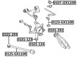 ASVA 0101-124 valdymo svirties/išilginių svirčių įvorė 
 Ašies montavimas/vairavimo mechanizmas/ratai -> Valdymo svirtis/pasukamosios svirties sujungimas -> Montavimas/sutvirtinimas
42304-30070, 42304-51010, 42305-30070