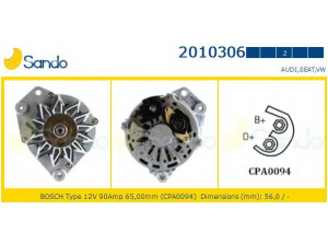 SANDO 2010306.2 kintamosios srovės generatorius 
 Elektros įranga -> Kint. sr. generatorius/dalys -> Kintamosios srovės generatorius
050903015D, 050903015J, 050903023J