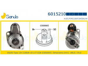 SANDO 6015210.1 starteris 
 Elektros įranga -> Starterio sistema -> Starteris
97VW11000A, 97VW11000AA, 02A911023R