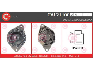 CASCO CAL21100AS kintamosios srovės generatorius 
 Elektros įranga -> Kint. sr. generatorius/dalys -> Kintamosios srovės generatorius
46621735, 4224325, 4257063, 4257074