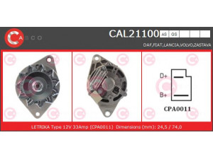 CASCO CAL21100GS kintamosios srovės generatorius 
 Elektros įranga -> Kint. sr. generatorius/dalys -> Kintamosios srovės generatorius
46621735, 4224325, 4257063, 4257074