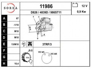 EAI 11986 starteris 
 Elektros įranga -> Starterio sistema -> Starteris
M0T45171, 8200240487