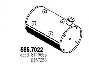 ASSO 585.7022 vidurinis / galinis duslintuvas 
 Išmetimo sistema -> Duslintuvas
8149655, 8157258