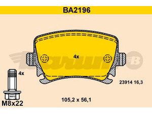 BARUM BA2196 stabdžių trinkelių rinkinys, diskinis stabdys 
 Techninės priežiūros dalys -> Papildomas remontas
8E0 698 451 J, 1K0 698 451 D, 1K0 698 451 F