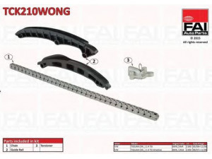 FAI AutoParts TCK210WONG pavaros grandinės komplektas 
 Variklis -> Variklio uždegimo laiko reguliavimo kontrolė -> Sinchronizavimo grandinė/įtempiklis/kreiptuvas -> Pavaros grandinės komplektas