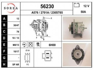 EAI 56230 kintamosios srovės generatorius 
 Elektros įranga -> Kint. sr. generatorius/dalys -> Kintamosios srovės generatorius
2310043G04, 2310043G06, LR150428E