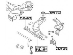 ASVA 2301-019 valdymo svirties/išilginių svirčių įvorė 
 Ašies montavimas/vairavimo mechanizmas/ratai -> Valdymo svirtis/pasukamosios svirties sujungimas -> Montavimas/sutvirtinimas
1J0407181, 1J0407181A, 6R0407152A