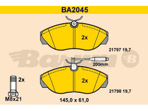 BARUM BA2045 stabdžių trinkelių rinkinys, diskinis stabdys 
 Techninės priežiūros dalys -> Papildomas remontas
4251 17, 4254 51, 71752980, 77362212