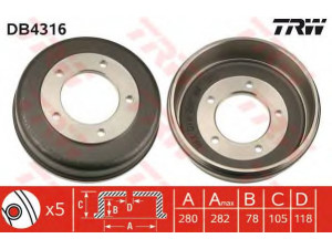 TRW DB4316 stabdžių būgnas 
 Stabdžių sistema -> Būgninis stabdys -> Stabdžių būgnas
3C111126AA, 4041429, 4078769, 4446218