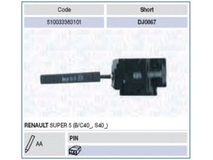 MAGNETI MARELLI 510033363101 vairo kolonėlės jungiklis 
 Vidaus įranga -> Rankinės/kojinės svirties sistema
7700759249
