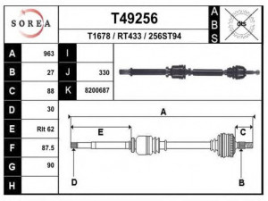 EAI T49256 kardaninis velenas 
 Ratų pavara -> Kardaninis velenas
8200687911, 8200786810