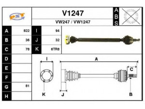 SNRA V1247 kardaninis velenas 
 Ratų pavara -> Kardaninis velenas
1J0407272AP, 1J0407272BL, 1J0407272DA