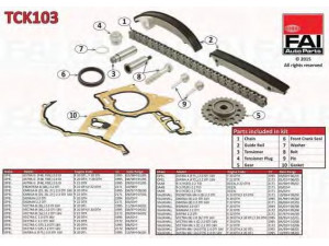 FAI AutoParts TCK103 pavaros grandinės komplektas 
 Variklis -> Variklio uždegimo laiko reguliavimo kontrolė -> Sinchronizavimo grandinė/įtempiklis/kreiptuvas -> Pavaros grandinės komplektas
90529248, 90529249