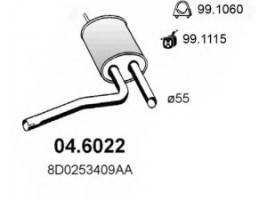 ASSO 04.6022 vidurinis duslintuvas 
 Išmetimo sistema -> Duslintuvas
8D0253409AA, 8D0253409T, 8D02553409AA