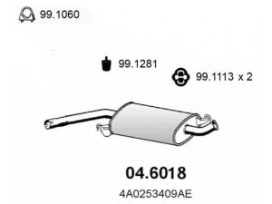 ASSO 04.6018 vidurinis duslintuvas 
 Išmetimo sistema -> Duslintuvas
443253409N, 4A0253409A, 4A0253409AE
