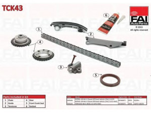 FAI AutoParts TCK43 pavaros grandinės komplektas 
 Variklis -> Variklio uždegimo laiko reguliavimo kontrolė -> Sinchronizavimo grandinė/įtempiklis/kreiptuvas -> Pavaros grandinės komplektas
13028-2W200