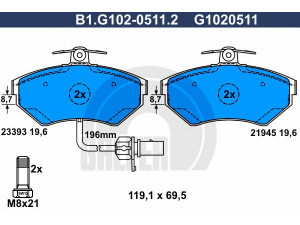 GALFER B1.G102-0511.2 stabdžių trinkelių rinkinys, diskinis stabdys 
 Techninės priežiūros dalys -> Papildomas remontas
8E0 698 151 B, 8E0 698 151 M