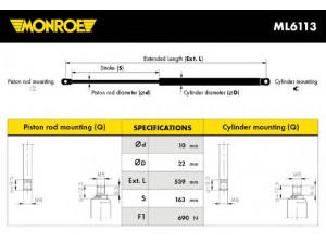 MONROE ML6113 dujinė spyruoklė, bagažinė 
 Priedai -> Bagažinė/pakrovimo skyrius
04724743AD, 04724743AE, G0004564