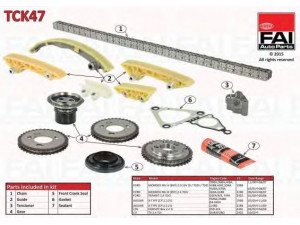 FAI AutoParts TCK47 pavaros grandinės komplektas 
 Variklis -> Variklio uždegimo laiko reguliavimo kontrolė -> Sinchronizavimo grandinė/įtempiklis/kreiptuvas -> Pavaros grandinės komplektas
1102609