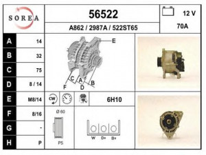 EAI 56522 kintamosios srovės generatorius 
 Elektros įranga -> Kint. sr. generatorius/dalys -> Kintamosios srovės generatorius
91FF10300JA, 91FF10300JB, 95FF10300AA