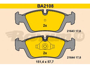 BARUM BA2108 stabdžių trinkelių rinkinys, diskinis stabdys 
 Techninės priežiūros dalys -> Papildomas remontas
34 11 1 160 356, 34 11 1 160 532