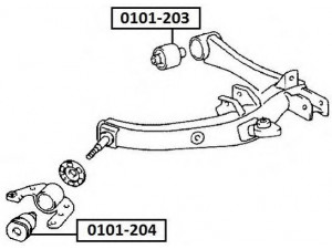 ASVA 0101-204 valdymo svirties/išilginių svirčių įvorė 
 Ašies montavimas/vairavimo mechanizmas/ratai -> Valdymo svirtis/pasukamosios svirties sujungimas -> Montavimas/sutvirtinimas
48725-05090, 48725-05091